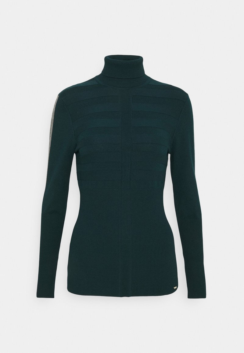 Dunkelgrüner Strickpullover mit Rollkragen, vertikalen Streifenmustern, taillierter Passform, langen Ärmeln und einem dezenten Logo-Akzent am Saum.