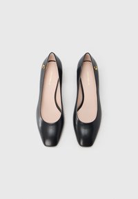 Black leather flats with a pointed toe design, featuring a subtle gold accent and a smooth texture. Interior has a light beige lining.