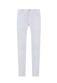Jeans skinny de algodón blanco con parte delantera plana, diseño de cinco bolsillos y un cierre de botón metálico en la cintura. Textura suave, ajuste ceñido.