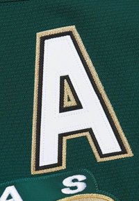 White letter "A" with black and gold borders embroidered on dark green fabric, part of a larger patch with a white "S" visible below.