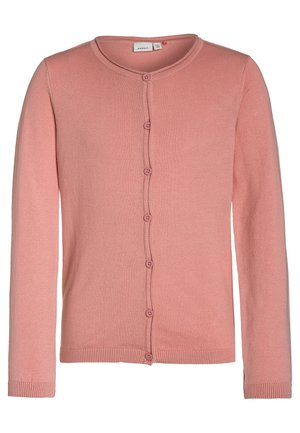 Lyserød cardigan med knapper, lange ærmer, rund halsudskæring samt ribstrikkede manchetter og kant.