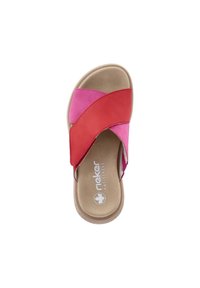 Red and pink leather slide sandal with cross straps, flat rubber sole, and a cushioned footbed featuring the Rieker Antistress logo.