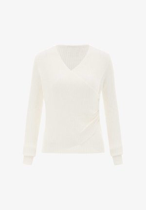 Witte geribde lange mouw wikkeltrui met V-hals en knoopdetails aan de zijkant, tentoongesteld tegen een effen achtergrond.