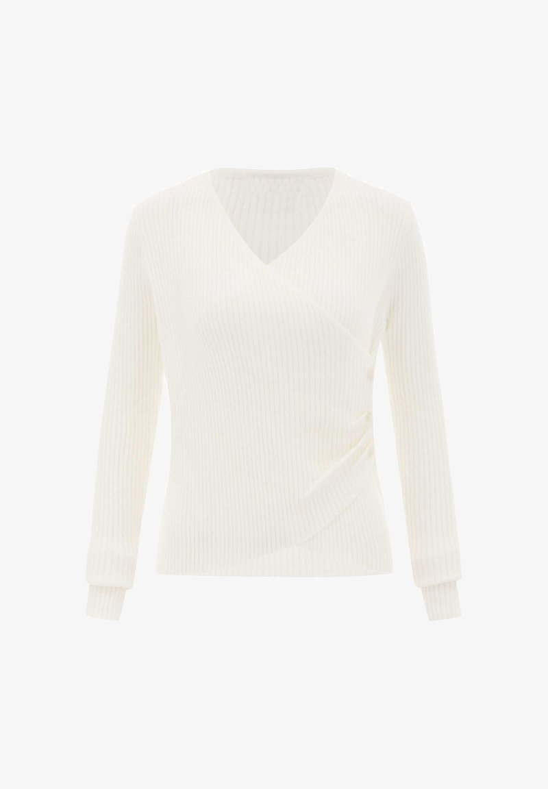 Weißes, geripptes Langarm-Wickelsweatshirt mit V-Ausschnitt und Knopfdetails an der Seite, vor einem schlichten Hintergrund präsentiert.