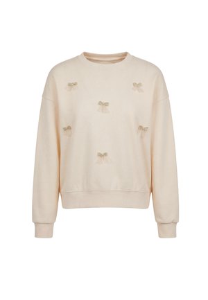 Cremefarvet langærmet sweatshirt med seks små dekorative guldsløjfer på fronten, rund halsudskæring, og ribbet manchetter og kant.