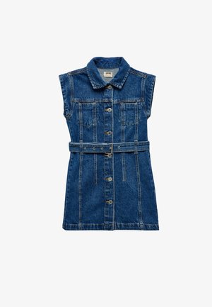 Denim jurk met een kraag, mouwloos ontwerp, voorzakken, een ceintuur in de taille en een knoopsluiting in een middelblauwe wassing.