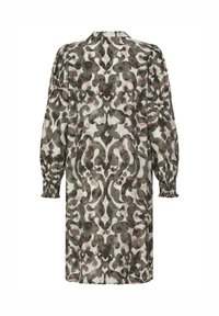 Hosszú ujjú ruha lenkeverékből, zöld, rózsaszín és bézs absztrakt virágmintával. Ráncolt mandzsetták és gombos hátoldal.