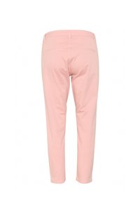 Light pink cotton trousers with a slim fit, featuring a mid-rise waist and two back pockets. Smooth texture and streamlined design.