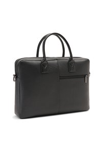 Black textured laptop bag with two handles, front zip pocket, and smooth accents. Rectangular shape, durable material, minimalistic design.