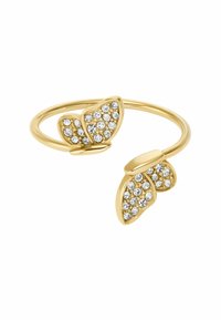 Goldfarbener Ring mit zwei Schmetterlingsdesigns. Ein Schmetterling ist mit klaren Kristallen verziert, glatter Bund, verstellbare Größe.