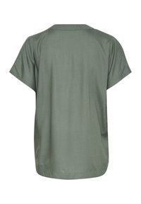 Kortærmet, olivengrøn bluse med en afslappet pasform og en rund halsudskæring, der har en glat tekstur og minimale syninger.