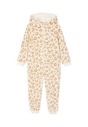 Fleece-Einteiler in Cremetönen mit einem Leopardenmuster. Verfügt über eine Kapuze, einen Frontreißverschluss und dehnbare Bündchen an Handgelenken und Knöcheln.