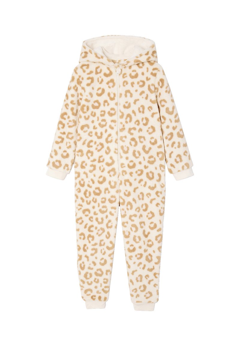 Fleece onesie in cream with a leopard print pattern. Features a hood, front zipper, and elasticized cuffs at wrists and ankles.