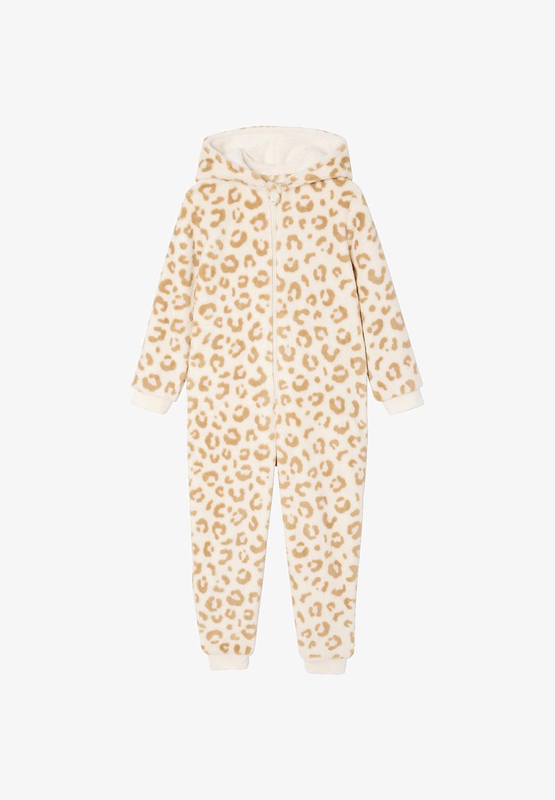 Fleece onesie in cream with a leopard print pattern. Features a hood, front zipper, and elasticized cuffs at wrists and ankles.