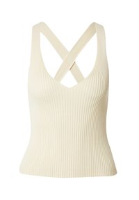 Geribbelde tanktop in off-white met een diepe V-hals, brede bandjes die op de rug kruisen, en een aangesloten, gestructureerde silouet.