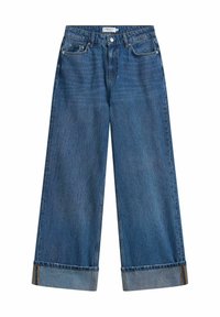 Blå denimjeans med vide ben, opbukket kant, frontlukning med knapper og fem-lommes design.