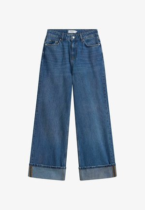 Blauwe denim jeans met wijde pijpen, omgeslagen zoom, knoopsluiting aan de voorkant en vijf zakken.