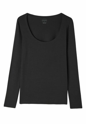 Sort langærmet top med bred scoop-udskæring, lavet af blødt, strækbart stof, med en afslappet pasform og enkelt design.