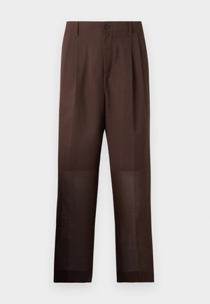 Pantalons marron avec une coupe droite, fabriqués en tissu léger. Dotés d'une fermeture à bouton et de plis à l'avant.