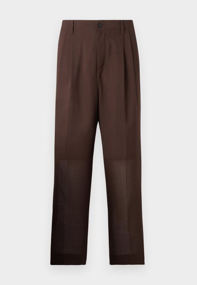 Brown trousers with a straight leg design, made of lightweight fabric. Features a button closure and pleats at the front.
