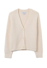 Hellebeige gerippte Strickjacke mit V-Ausschnitt, fünf Knöpfen vorne und langen Ärmeln. Weicher Stoff; kürzerer Schnitt mit lockerer Passform.