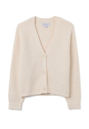 Cardigan a coste color beige chiaro con scollatura a V, chiusura frontale con cinque bottoni e maniche lunghe. Tessuto morbido; design cropped con vestibilità rilassata.