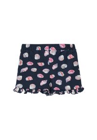 Shorts color navy con un motivo di conchiglie bianche e rosa, caratterizzati da un orlo arricciato e una vita elastica per il massimo comfort.