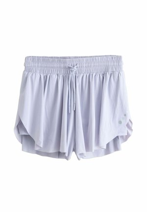 Gaiši violetas sieviešu sporta šorti ar elastīgu jostu, priekšējo aukliņu un slāņveida auduma dizainu.