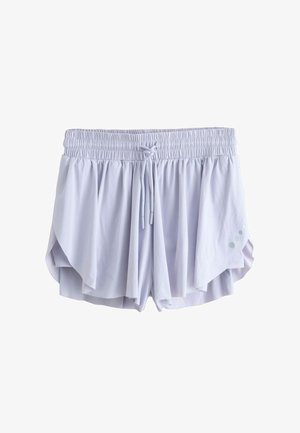 Pantaloni scurți sportivi pentru femei, de culoare mov deschis, cu talie elastică, șnur frontal și design stratificat al materialului.