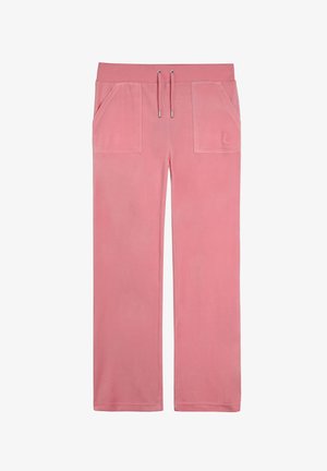 Pantaloni della tuta rosa, morbidi e larghi, con vita elastica, cordoncino e due tasche frontali. Design testurizzato e informale.