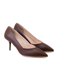 Escarpins en cuir marron avec un bout pointu et un décolleté bas. Dotés d'un talon aiguille fin et d'une doublure intérieure beige.