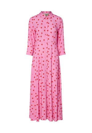 Pink button-up dress with red polka dots, featuring a collar, three-quarter sleeves, and a flowy, A-line silhouette.