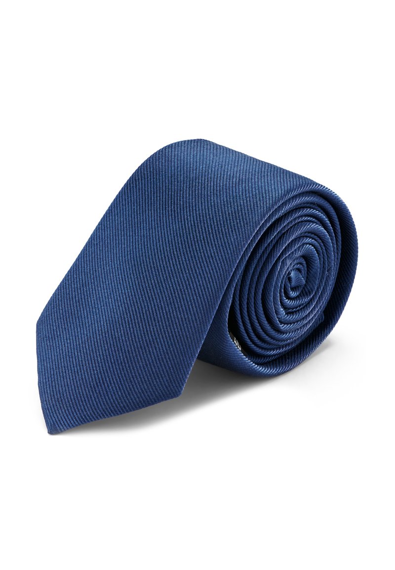 Marineblaue Krawatte mit strukturiertem, geripptem Muster, in Spiralform gerollt, aus glattem Stoff, mit klassischem Design.