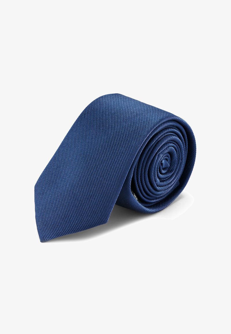 Marineblaue Krawatte mit strukturiertem, geripptem Muster, in Spiralform gerollt, aus glattem Stoff, mit klassischem Design.