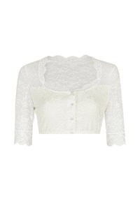White lace crop top with a scalloped neckline, three-quarter sleeves, and button closure featuring a floral pattern and soft texture.