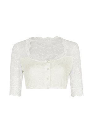 Weiße Spitzen-Crop-Top mit einem gewellten Ausschnitt, dreiviertellangen Ärmeln und Knopfverschluss, versehen mit einem floralen Muster und weicher Textur.