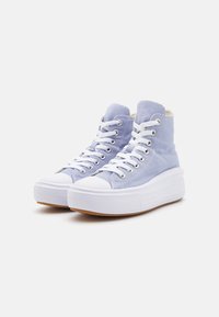 Zapatillas altas de lona en lavanda claro con cordones blancos, punta de goma blanca y una gruesa suela de plataforma blanca.
