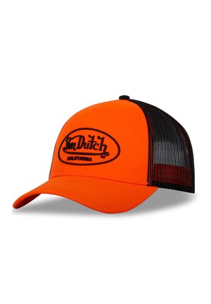 Casquette de camionneur orange avec un dos en maille noire, arborant un logo noir brodé sur le devant et une visière courbée.
