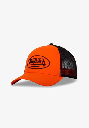 Oranges Trucker-Cap mit schwarzem Netzrücken, auf der Vorderseite mit einem schwarzen gestickten Logo und einem geschwungenen Schirm.