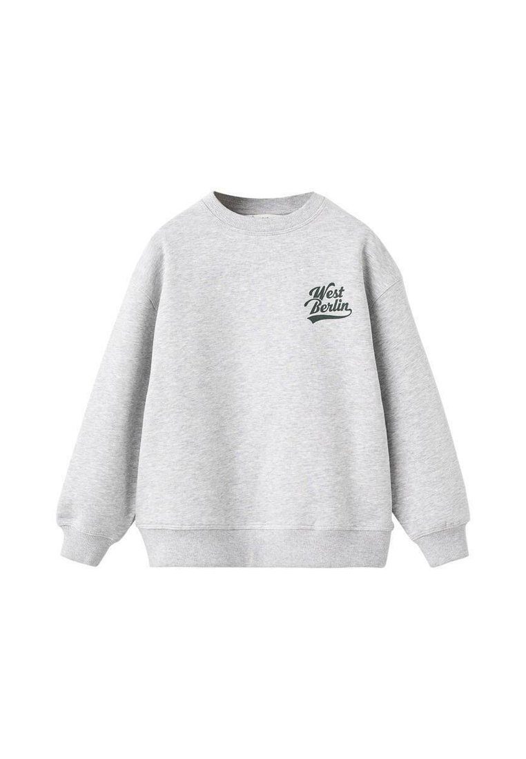Svetle šedá mikina s kulatým výstřihem, volným střihem a žebrovanými manžetami. Na levé části hrudi se nachází zelený nápis "Západní Berlín". Měkká textura.