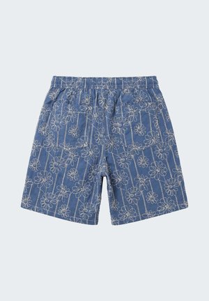 Blauwe korte broek met elastische taille, witte bloemenborduursels en twee achterzakken met klep.