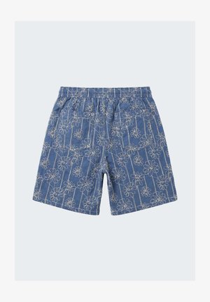 Blauwe korte broek met elastische taille, witte bloemenborduursels en twee achterzakken met klep.