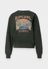 Sweatshirt vert foncé au design court, avec un graphique coloré représentant un paysage hawaïen, des fleurs et le texte "RIPCURL HAWAII".