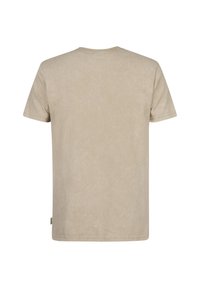 Beiges T-Shirt mit kurzen Ärmeln aus weichem Stoff, versehen mit einem klassischen Rundhalsausschnitt und feiner Textur. Keine Grafiken oder Muster.
