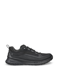 Black low-cut athletic sneaker with textured sole, lace-up front, and pull tab at heel, designed for outdoor or casual wear.