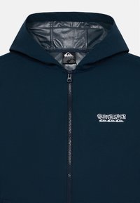 Modra zip-up jakna z kapuco, z gladko strukturo in logotipom Quiksilver na prsih, srebrna zadrga z zaščitno prečko.