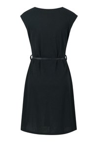 Schwarzes Kleid aus weichem Stoff, mit kurzen Ärmeln, einem runden Halsausschnitt und einem Bindegürtel an der Taille, mit leicht ausgestellt geschnittenem Saum.