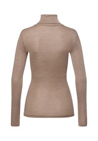 Brun långärmad polotröja med en åtsittande design och slät yta, med hög krage och sömlösa axlar.