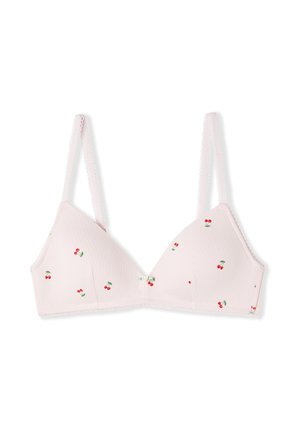 Hellrosa Soft-BH mit verstellbaren Trägern, verziert mit kleinen roten Kirschmustern und einem zentralen Schleifendetail.