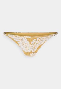 Parte de baixo de bikini com um fundo amarelo apresentando padrões de folhagem brancos, um corte baixo e laços laterais para ajuste.